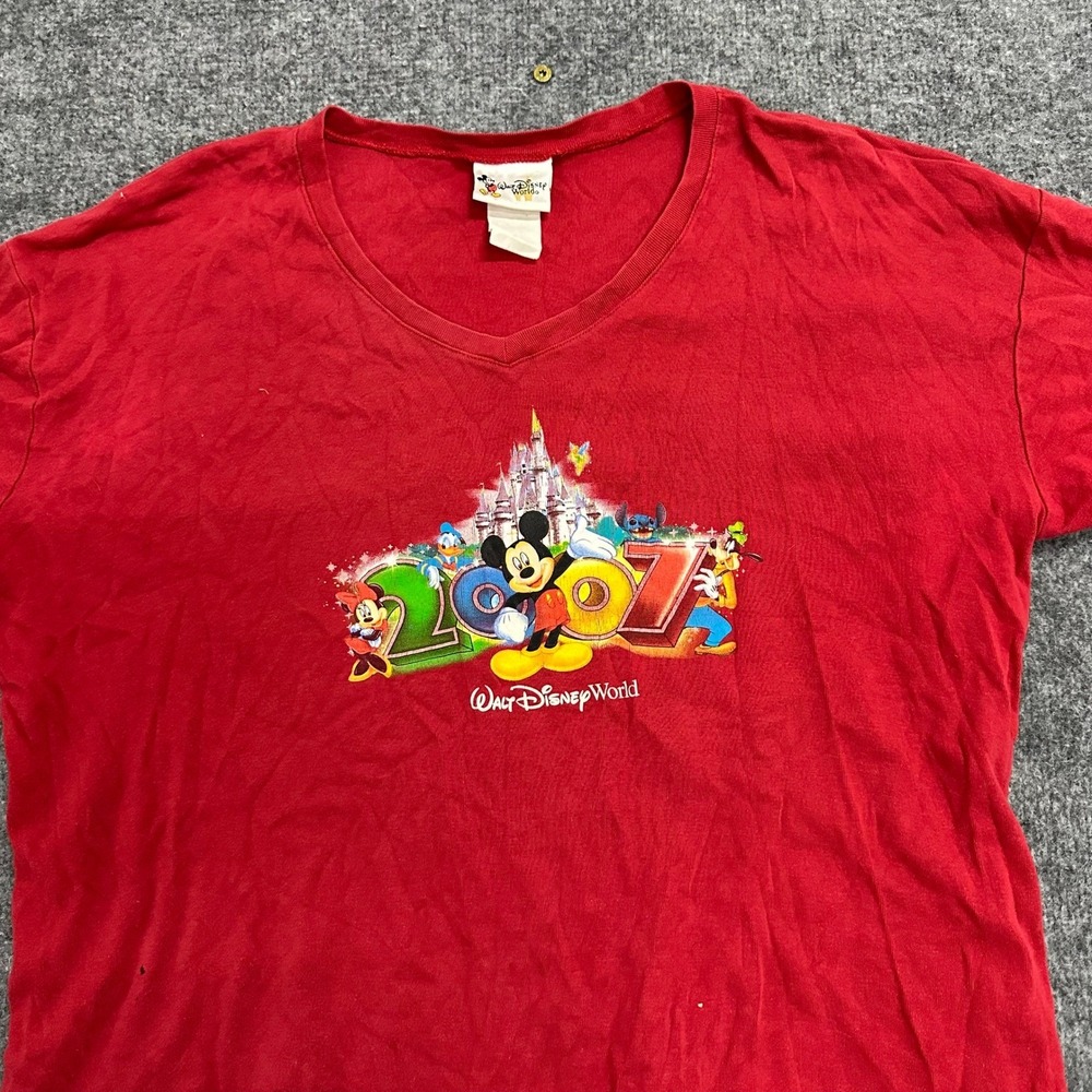 Walt Disney World Shirt Womens Size L Red 2007 Mickey Mouse V-Neck Graphic Tee